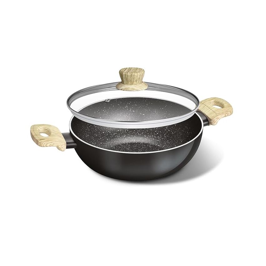 Bergner Bellini Plus Aura 5-Layer Non-Stick 26 cm Kadai with Glass Lid, 4.5 litres Kadhai with Soft Touch Wooden Finish Handle, 3.2mm Thickness,Gas Stove Ready, 1-Year Warranty by Bergner