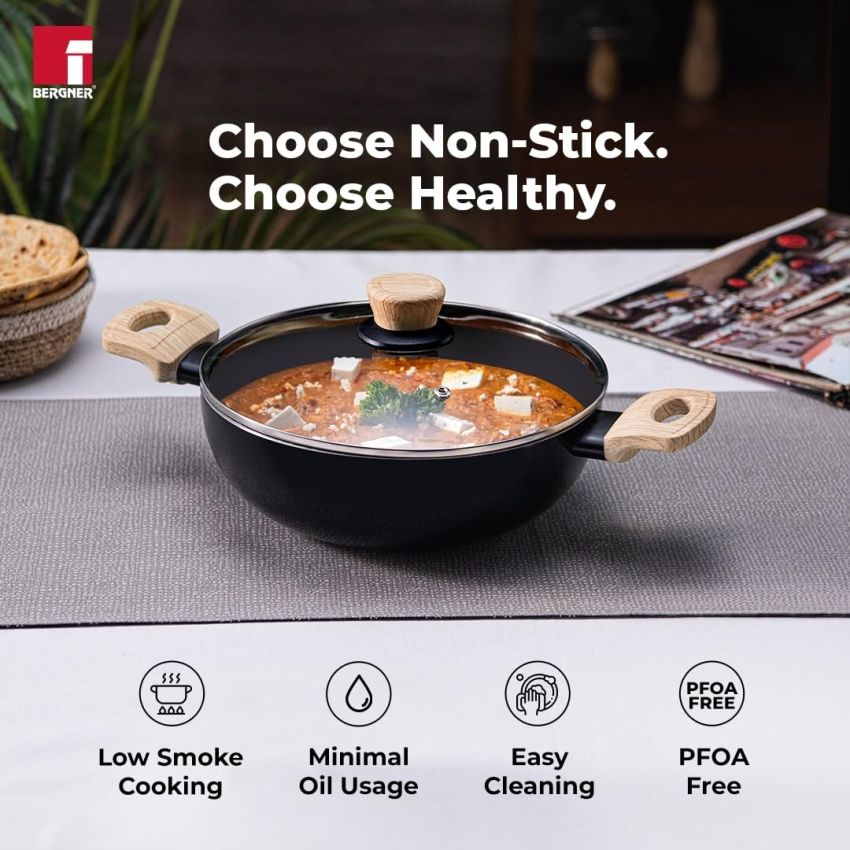 Bergner Bellini Plus Aura 5-Layer Non-Stick 26 cm Kadai with Glass Lid, 4.5 litres Kadhai with Soft Touch Wooden Finish Handle, 3.2mm Thickness,Gas Stove Ready, 1-Year Warranty by Bergner