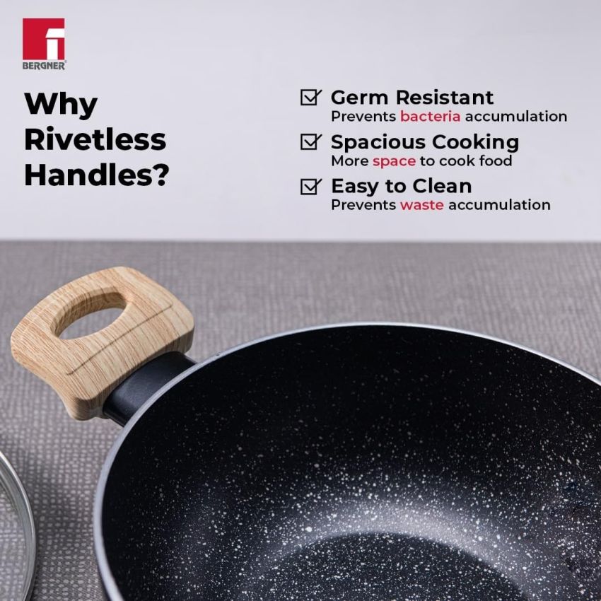 Bergner Bellini Plus Aura 5-Layer Non-Stick 26 cm Kadai with Glass Lid, 4.5 litres Kadhai with Soft Touch Wooden Finish Handle, 3.2mm Thickness,Gas Stove Ready, 1-Year Warranty by Bergner