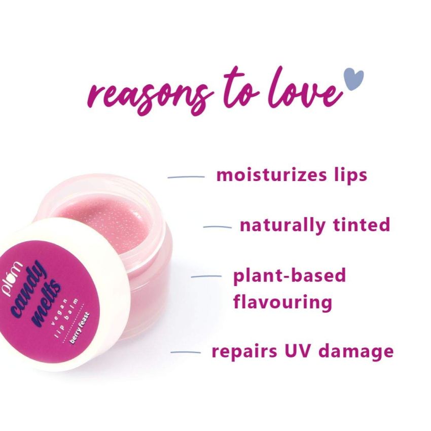 Plum Candy Melts Vegan Lip Balm | Berry Feast | For Dry & Chapped Lips | Natural SPF with Vitamin A | Shea Butter | Nourish & Protect | Sheer-Tint | 12g