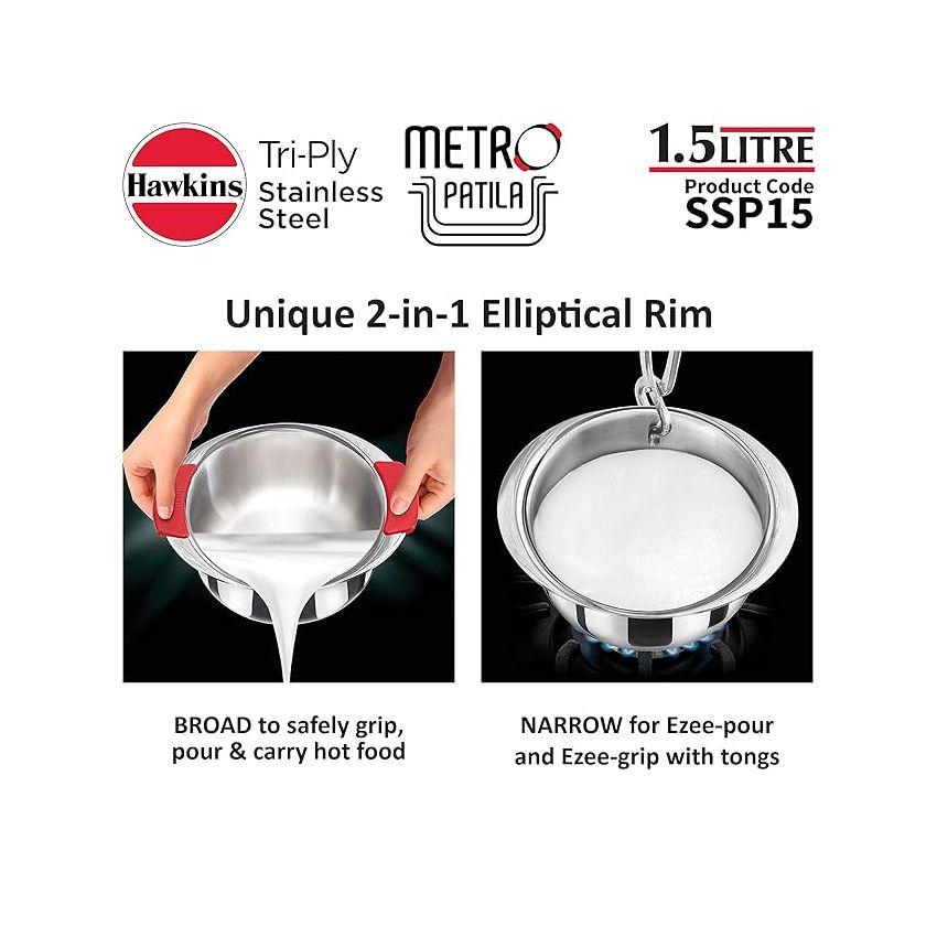 Hawkins 1.5 Litre Metro Patila, Triply Stainless Steel Tope, Induction Bhagona, Tapeli, Silver (SSP15)