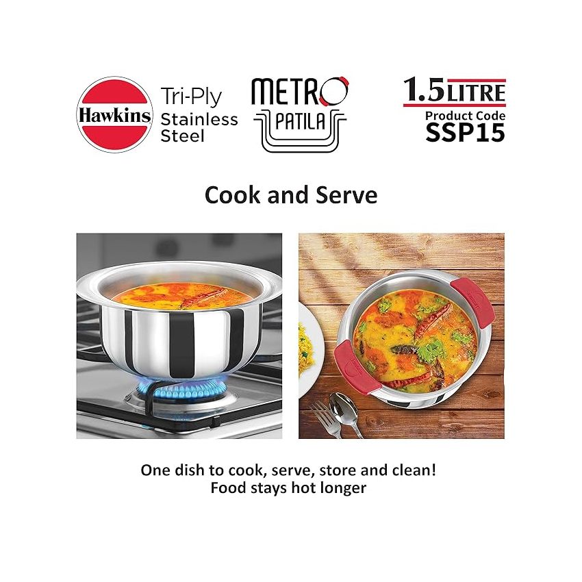 Hawkins 4 Litre Metro Patila, Triply Stainless Steel Tope with Stainless Steel Lid, Induction Bhagona, Tapeli, Silver (Ssp40S),Polished, 4 Liter