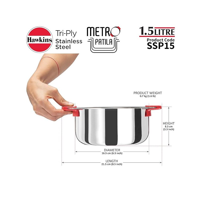 Hawkins 5 Litre Metro Patila, Triply Stainless Steel Tope with Stainless Steel Lid, Induction Bhagona, Tapeli, Silver (Ssp50S),Polished, 5 Liter