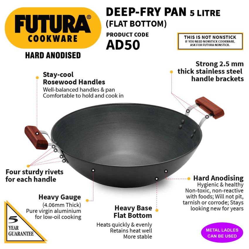 Hawkins Futura 5 Litre Deep Fry Pan, Hard Anodised Kadai, Flat Bottom Kadhai, Big Kadai, Black (AD50)