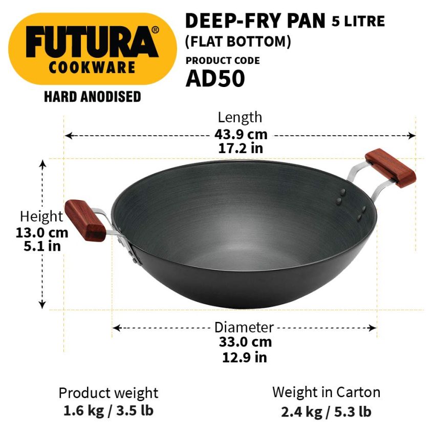 Hawkins Futura 5 Litre Deep Fry Pan, Hard Anodised Kadai, Flat Bottom Kadhai, Big Kadai, Black (AD50)