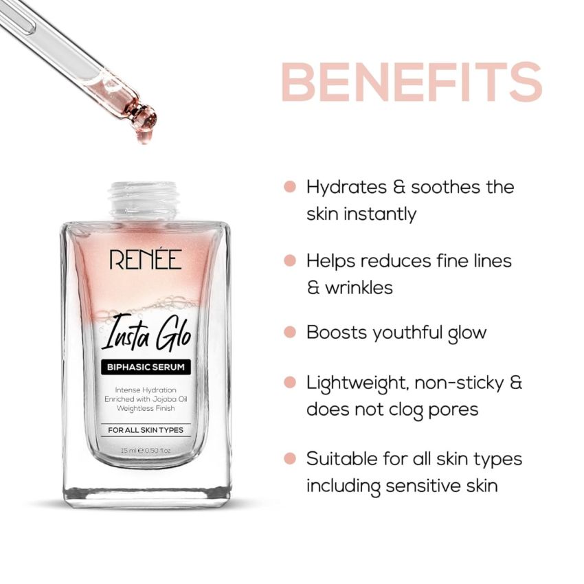 RENEE Insta Glo Biphasic Face Serum 15ml, Reduces Fine Lines, Wrinkles & Premature Aging | Infused With Hyaluronic Acid, Vitamin C, Rose Extract Serums & Jojoba Oil, Vitamin E, Grapeseed Oil
