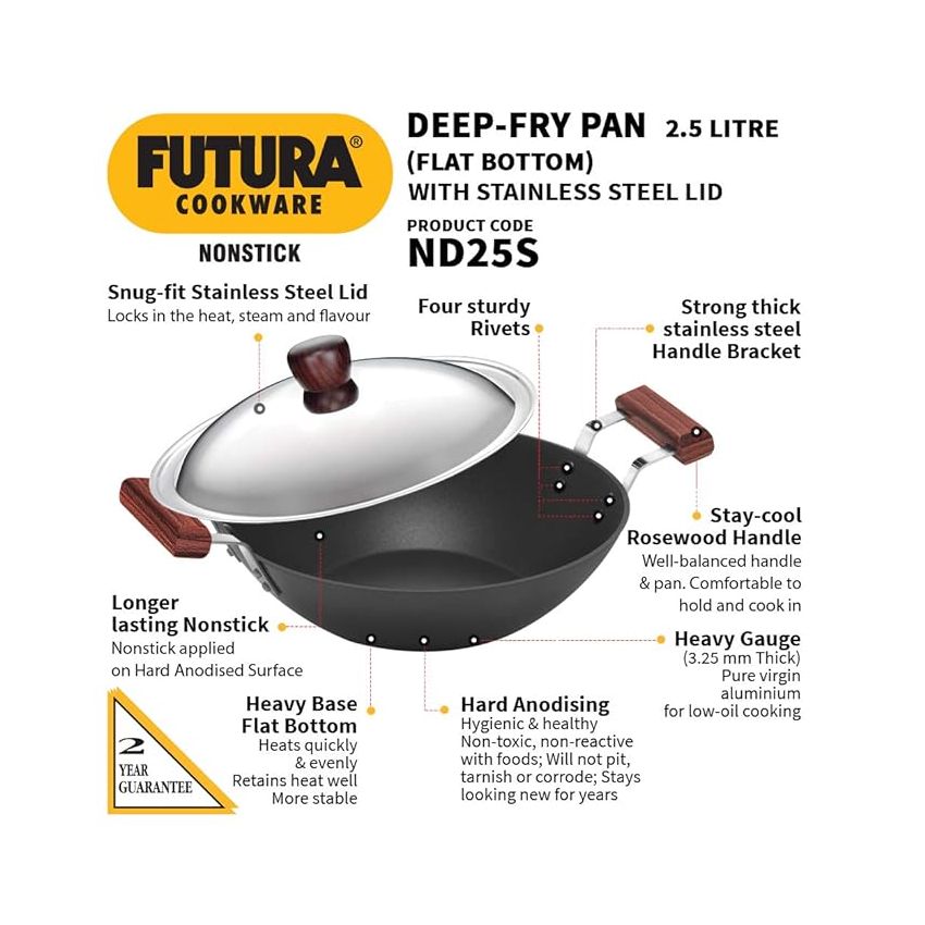 Hawkins Futura Nonstick Deep-Fry Pan 2.5L, 26cm, 3.25 mm with Glass lid (Black)