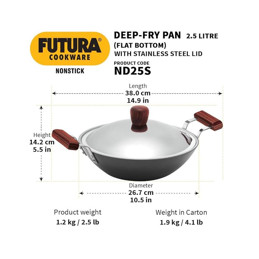 Hawkins Futura Nonstick Deep-Fry Pan 2.5L, 26cm, 3.25 mm with Glass lid (Black)