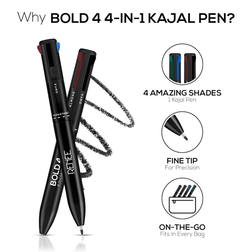 RENEE Bold 4-4-in-1 Kajal - Four Shades Black, Brown, Teal & Blue - Matte Finish, Rich Color Payoff, One-stroke Application, Travel Friendly & Easy to Use