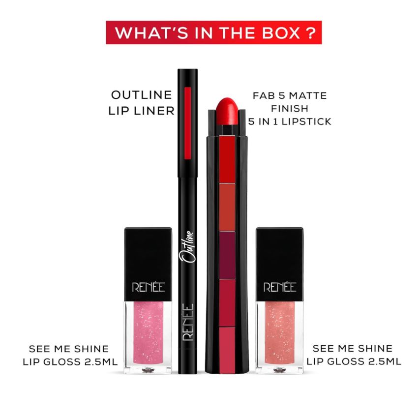RENEE Fab Look Makeup Kit Combo| Includes Fab 5 Lipsticks, Black Kajal & Lip Glosses| Best Gifts for Girlfriend, Wife, Women