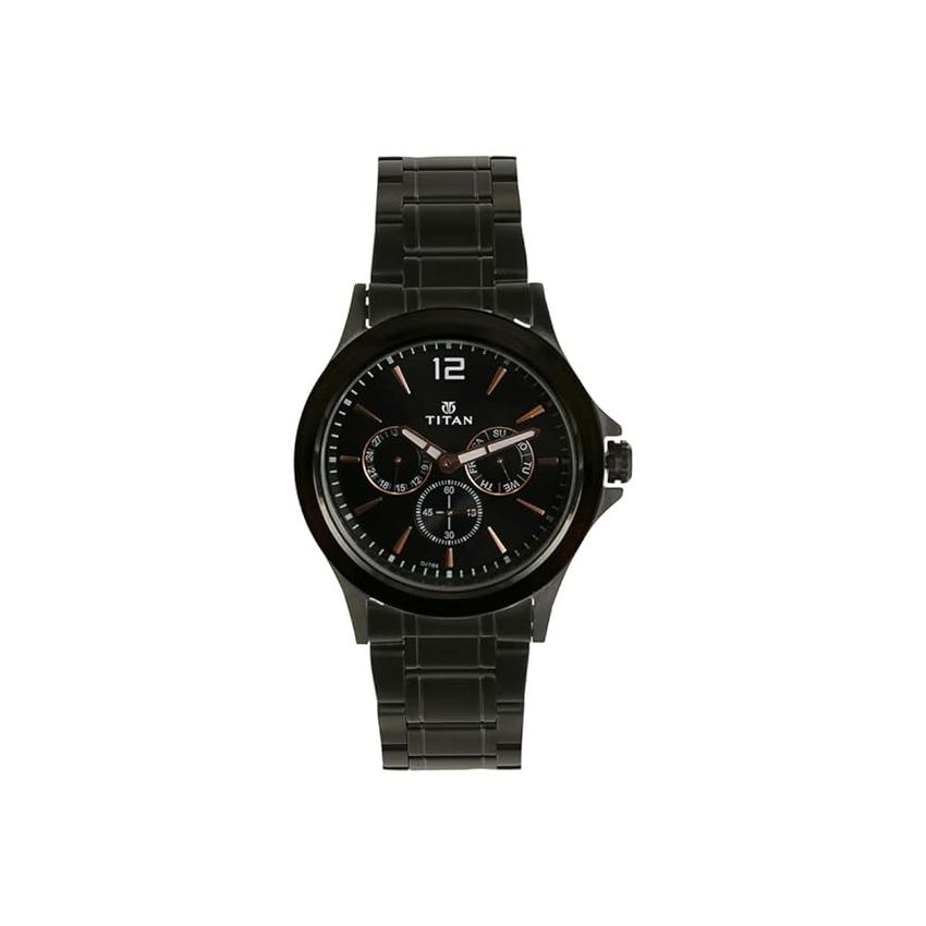 Titan Quartz Multifunction Black Dial Stainless Steel Strap Watch for Men-NS1698NM01/NT1698NM01