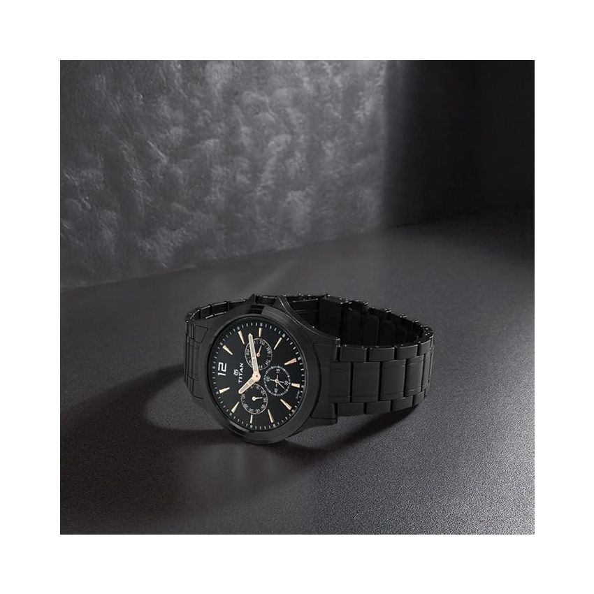 Titan Quartz Multifunction Black Dial Stainless Steel Strap Watch for Men-NS1698NM01/NT1698NM01