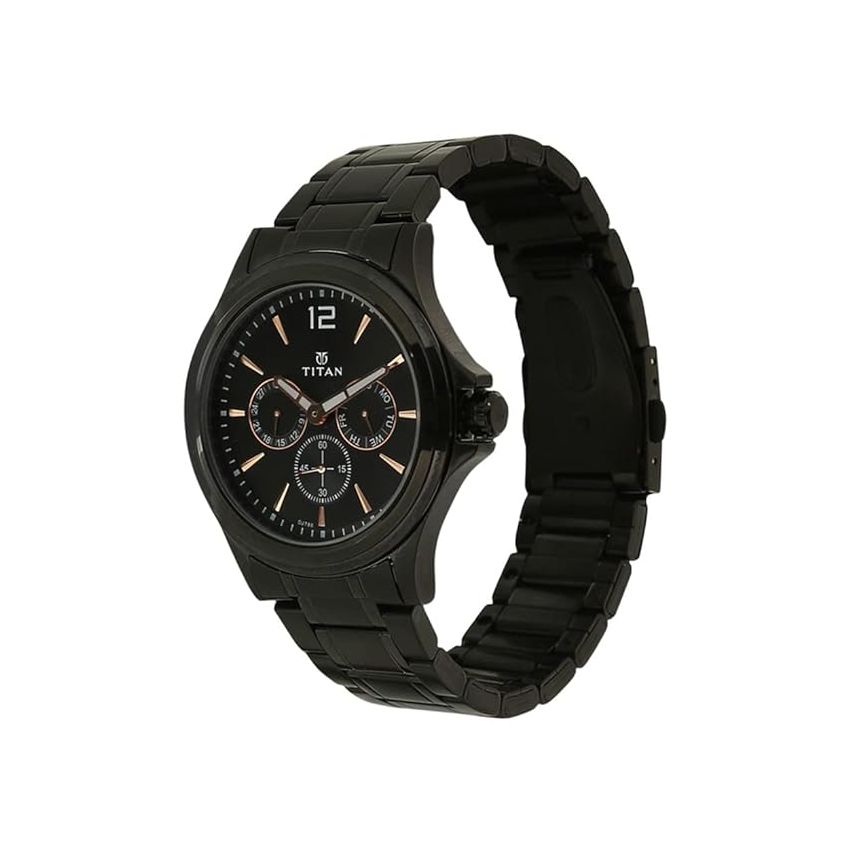 Titan Quartz Multifunction Black Dial Stainless Steel Strap Watch for Men-NS1698NM01/NT1698NM01