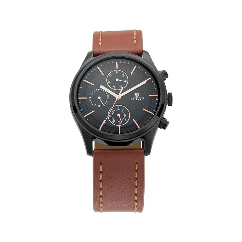 Titan Men's Metropolitan Charm: Men's Multifunctional Black Watch with Leather Strap-NS1805NL01