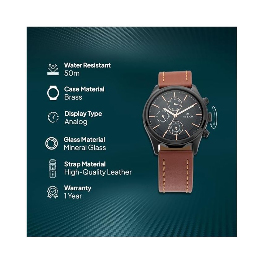 Titan Men's Metropolitan Charm: Men's Multifunctional Black Watch with Leather Strap-NS1805NL01