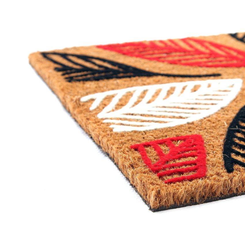Onlymat Natural Coir Doormat, Red & Black Leaf Design, Anti-Slip PVC Backing for Entryway, Livingroom, Kitchen, Bedroom (75 x 45cm)