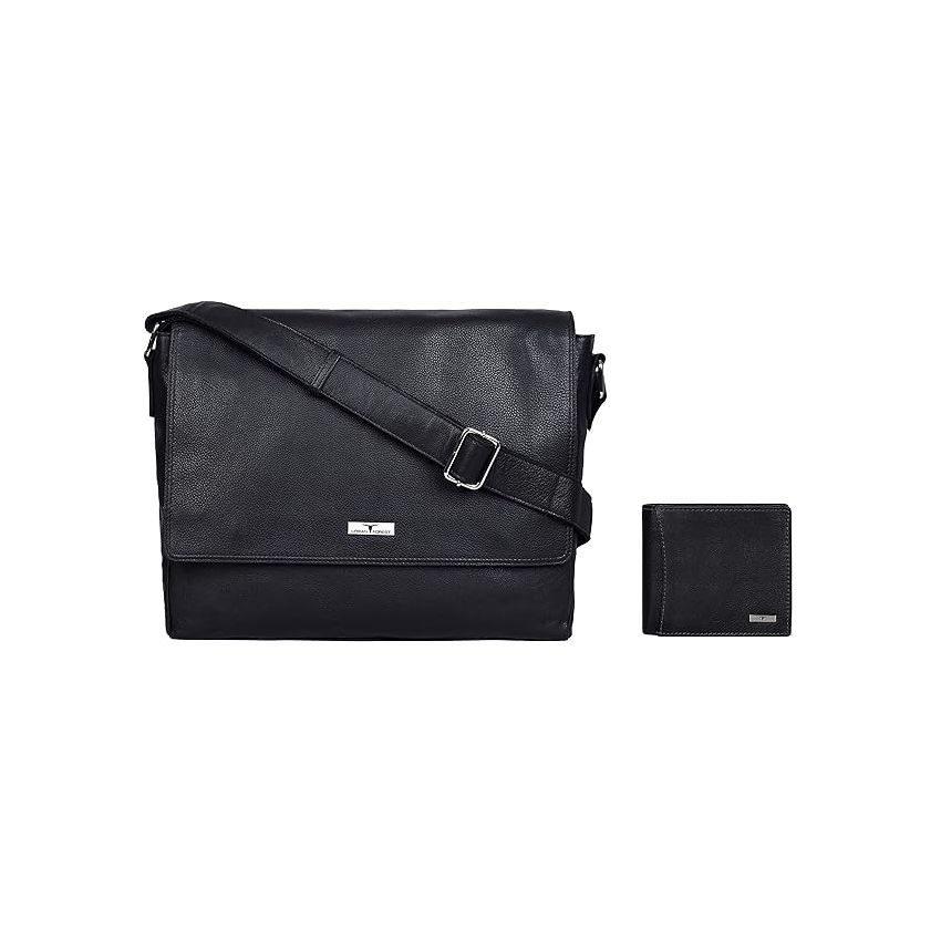 URBAN FOREST Black Leather Messenger Bag & Black Leather Wallet for Men