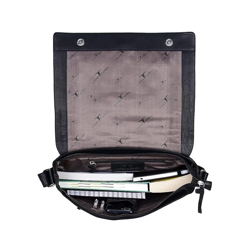 URBAN FOREST Black Leather Messenger Bag & Black Leather Wallet for Men
