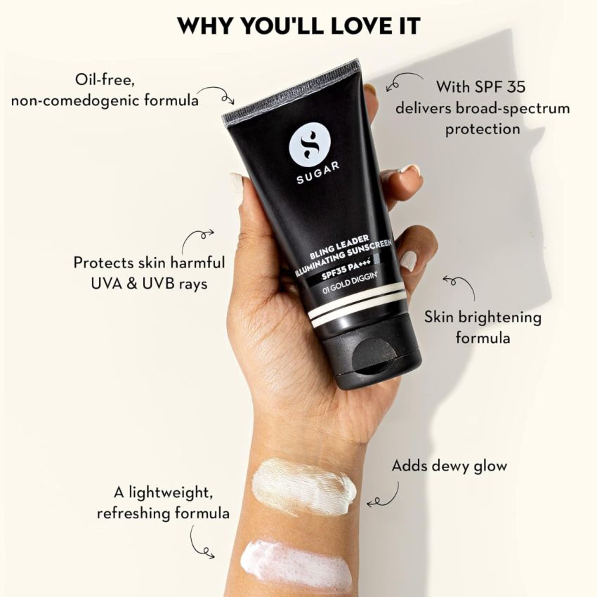 SUGAR Cosmetics Bling Leader Illuminating Sunscreen SPF35 PA+++ | Strobe Cream with 3 in 1 Glow Boosting Formula | Non Greasy Moisturizer | 50 gm - 01 Gold Diggin