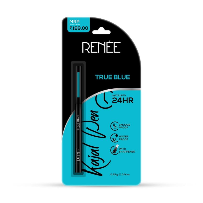 RENEE Kajal Pen with Sharpener - True Blue 0.35gm 24 Hrs Stay Long Lasting Kohl Pencil, Matte Finish, Rich Color Payoff, Smudge & Water Proof with One Swipe Application Formula