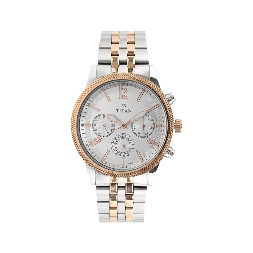 Titan Men's Metropolitan Luxe: Multifunction White Dial with Two-Tone Stainless Steel Bracelet Watch-NS1734KM02