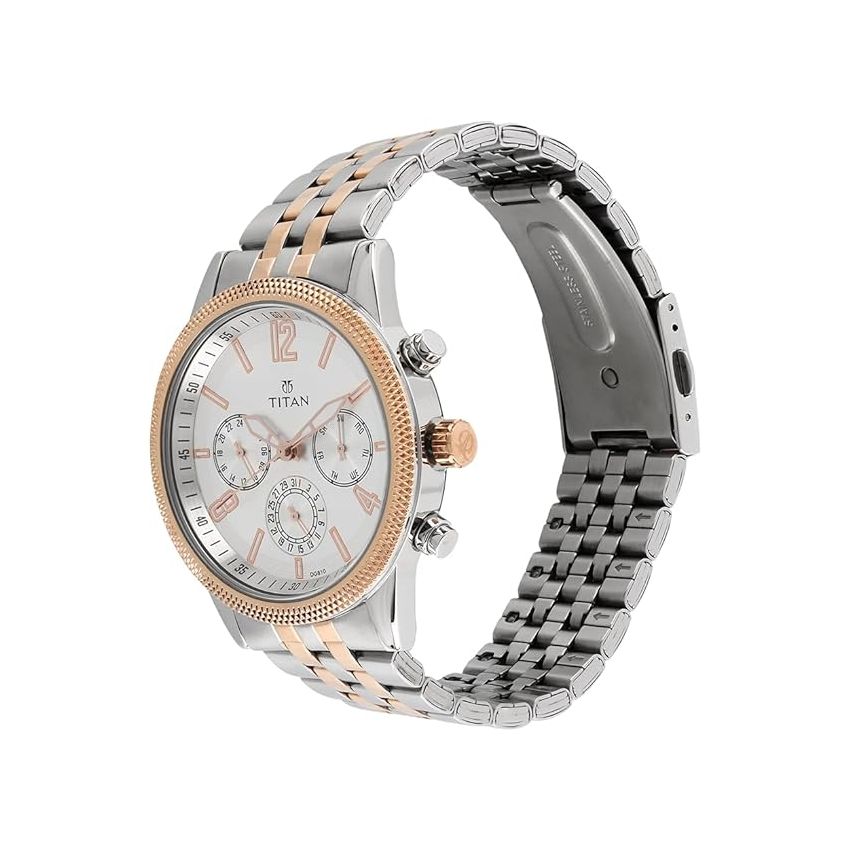 Titan Men's Metropolitan Luxe: Multifunction White Dial with Two-Tone Stainless Steel Bracelet Watch-NS1734KM02
