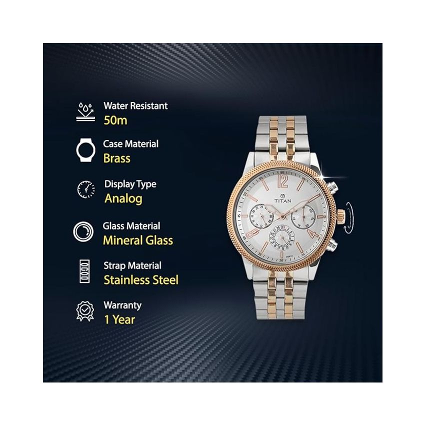 Titan Men's Metropolitan Luxe: Multifunction White Dial with Two-Tone Stainless Steel Bracelet Watch-NS1734KM02