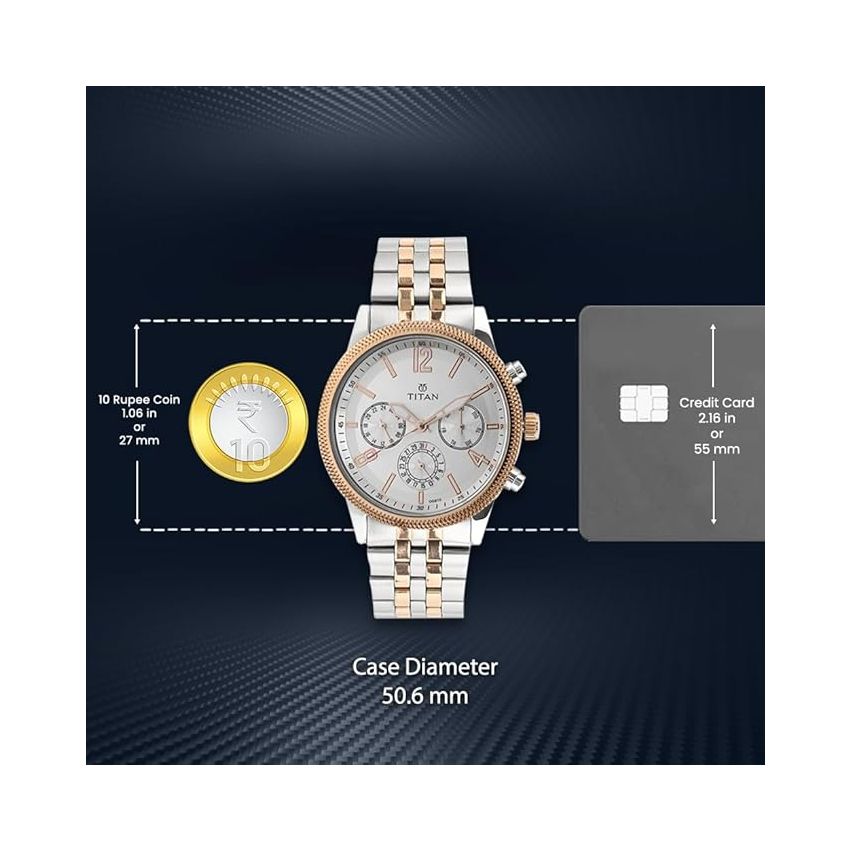 Titan Men's Metropolitan Luxe: Multifunction White Dial with Two-Tone Stainless Steel Bracelet Watch-NS1734KM02