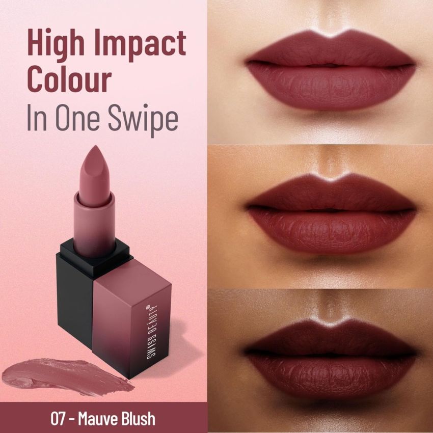 Swiss Beauty Hd Matte Pigmented Smudge Proof Lipstick | Creamy Matte Long Stay Lipstick | Mauve Blush, 3.4g