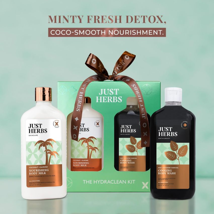 Just Herbs Coconut Almond Body Milk And Charcoal Body Wash, Detox & Nourish Hydraclean Kit for Men and Women - Combo Gift Set (2 x 300ml)