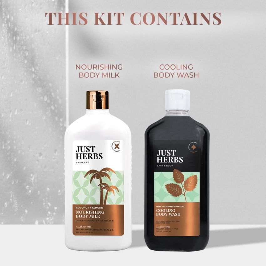 Just Herbs Coconut Almond Body Milk And Charcoal Body Wash, Detox & Nourish Hydraclean Kit for Men and Women - Combo Gift Set (2 x 300ml)