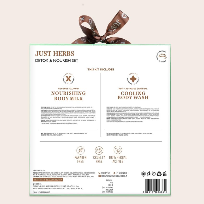 Just Herbs Coconut Almond Body Milk And Charcoal Body Wash, Detox & Nourish Hydraclean Kit for Men and Women - Combo Gift Set (2 x 300ml)