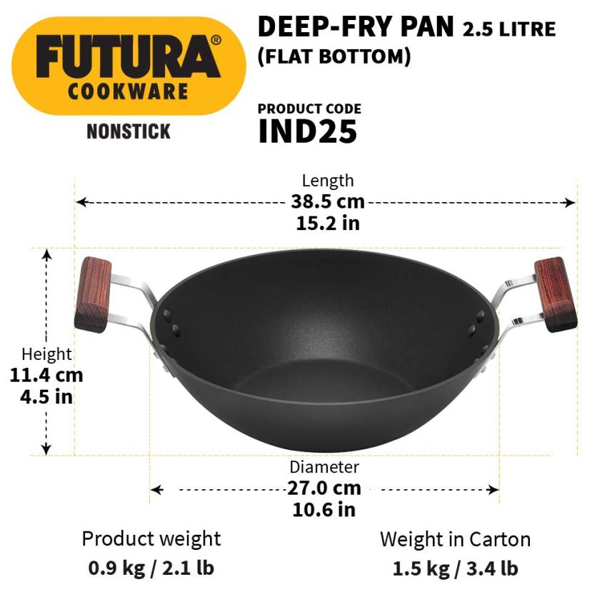 Hawkins Futura 2.5 Litre Deep Fry Pan, Non Stick Kadai, Flat Bottom Induction Kadhai, Black (IND25)