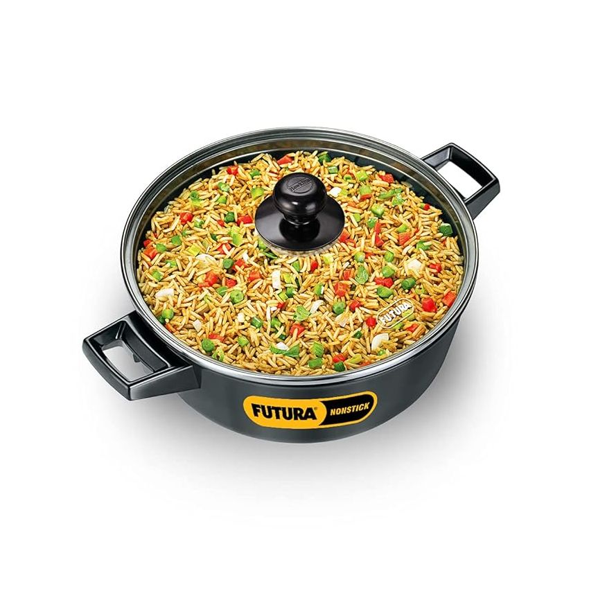 Hawkins Futura 3 Litre Cook n Serve Bowl, Non Stick Saucepan with Glass Lid, Sauce Pan for Cooking and Serving, Black (NCB30G)