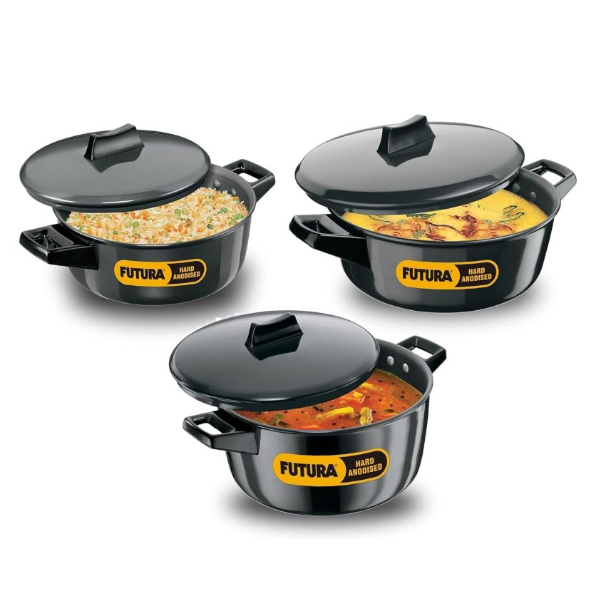 Hawkins Futura Hard Anodised Aluminum Cook-N-Serve Bowl with Hard Anodised Lid,-3 Pcs Set, Black (2,3 and 5 Litre)