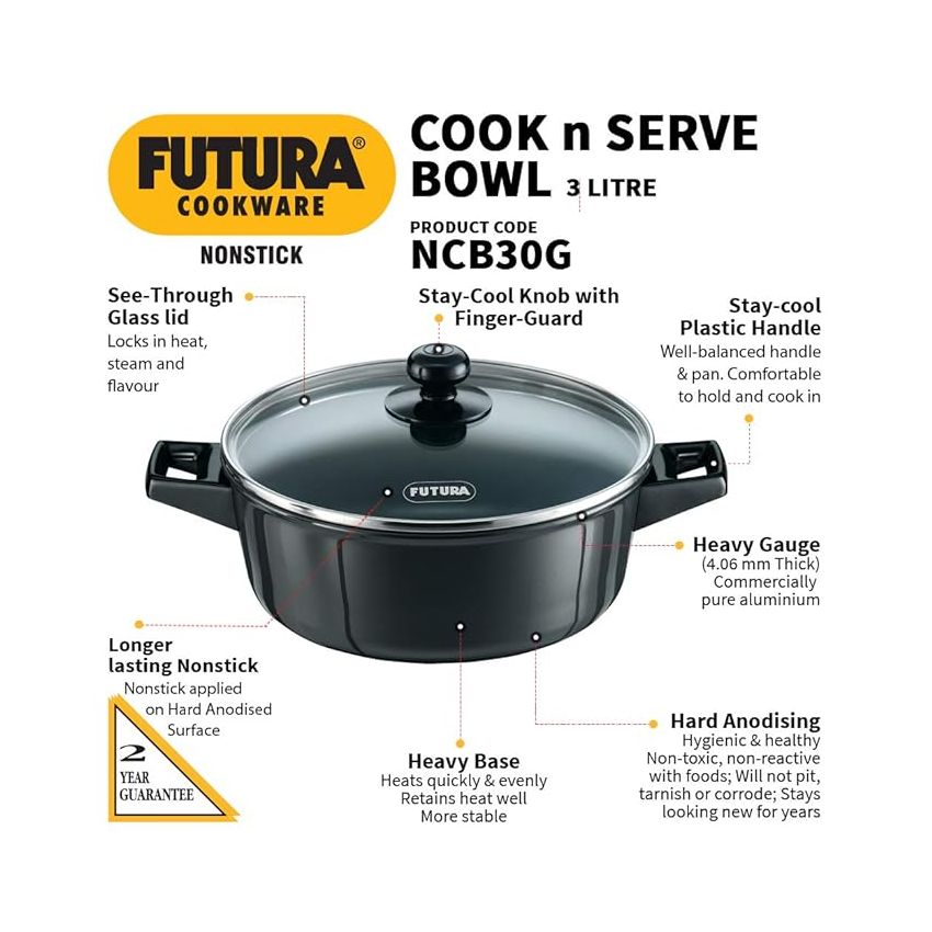 Hawkins Futura 3 Litre Cook n Serve Bowl, Non Stick Saucepan with Glass Lid, Sauce Pan for Cooking and Serving, Black (NCB30G)
