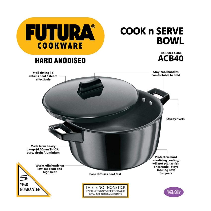 Hawkins Futura Hard-Anodized Aluminium Solid Cook-N-Serve Bowl Set - 2 Piece (Black, 2 L + 4 L), 4 Liter