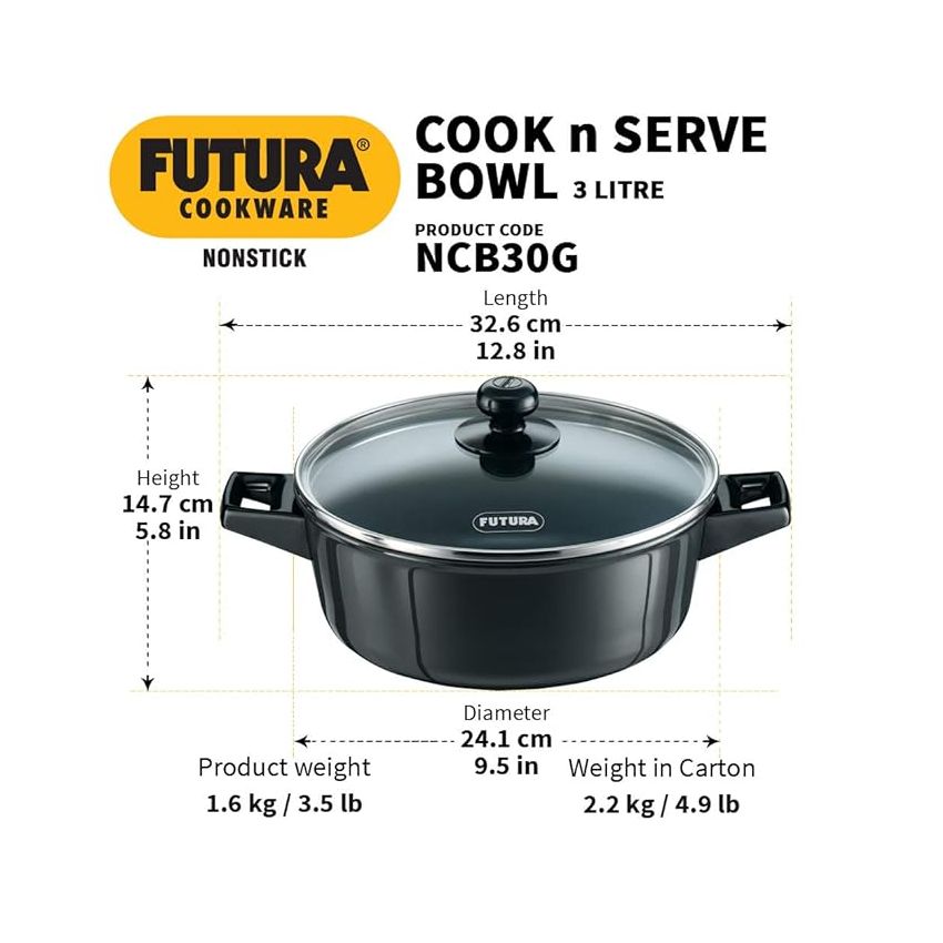 Hawkins Futura 3 Litre Cook n Serve Bowl, Non Stick Saucepan with Glass Lid, Sauce Pan for Cooking and Serving, Black (NCB30G)