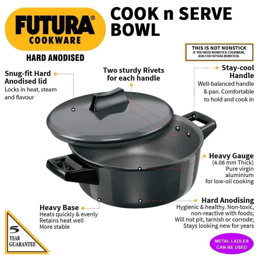 Hawkins Futura Hard Anodised Aluminum Cook-N-Serve Bowl with Hard Anodised Lid,-3 Pcs Set, Black (2,3 and 5 Litre)