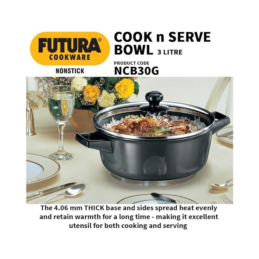 Hawkins Futura 3 Litre Cook n Serve Bowl, Non Stick Saucepan with Glass Lid, Sauce Pan for Cooking and Serving, Black (NCB30G)