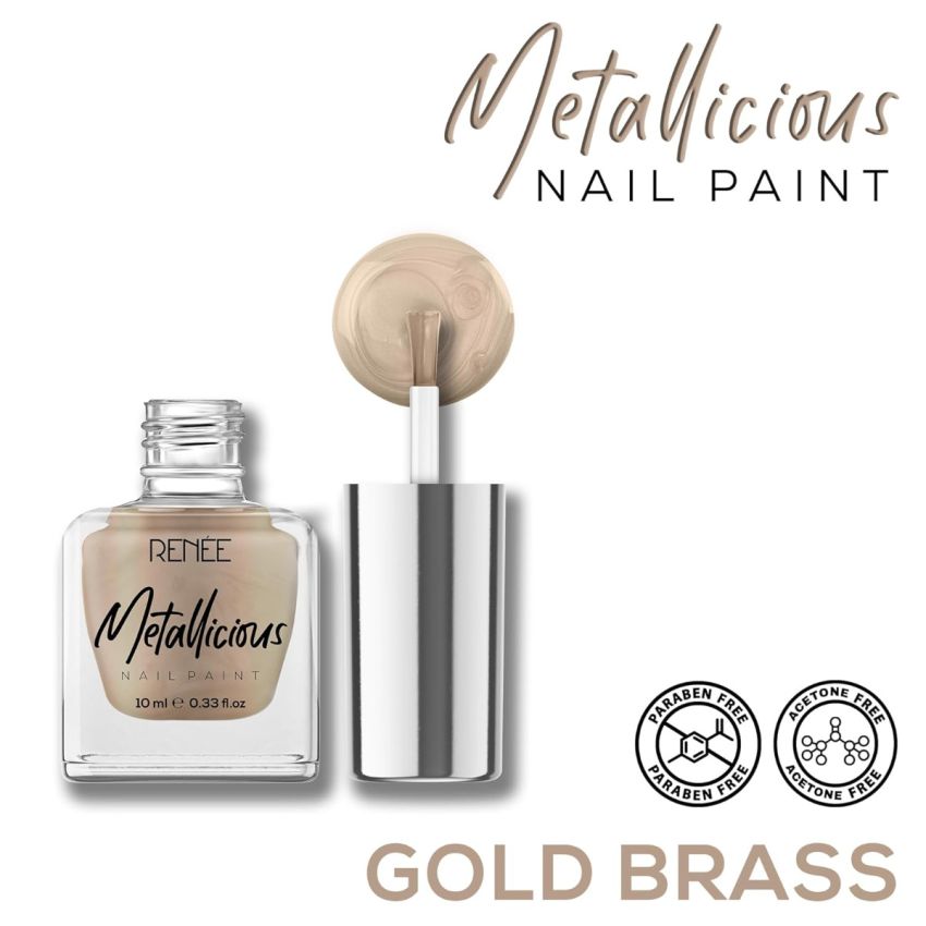 RENEE Metallicious Nail Paint- Gold Brass 10ml | Quick Drying, Metallic Finish, Long Lasting, Chip resisting Formula with High Shine & Full Coverage | Acetone & Paraben Free