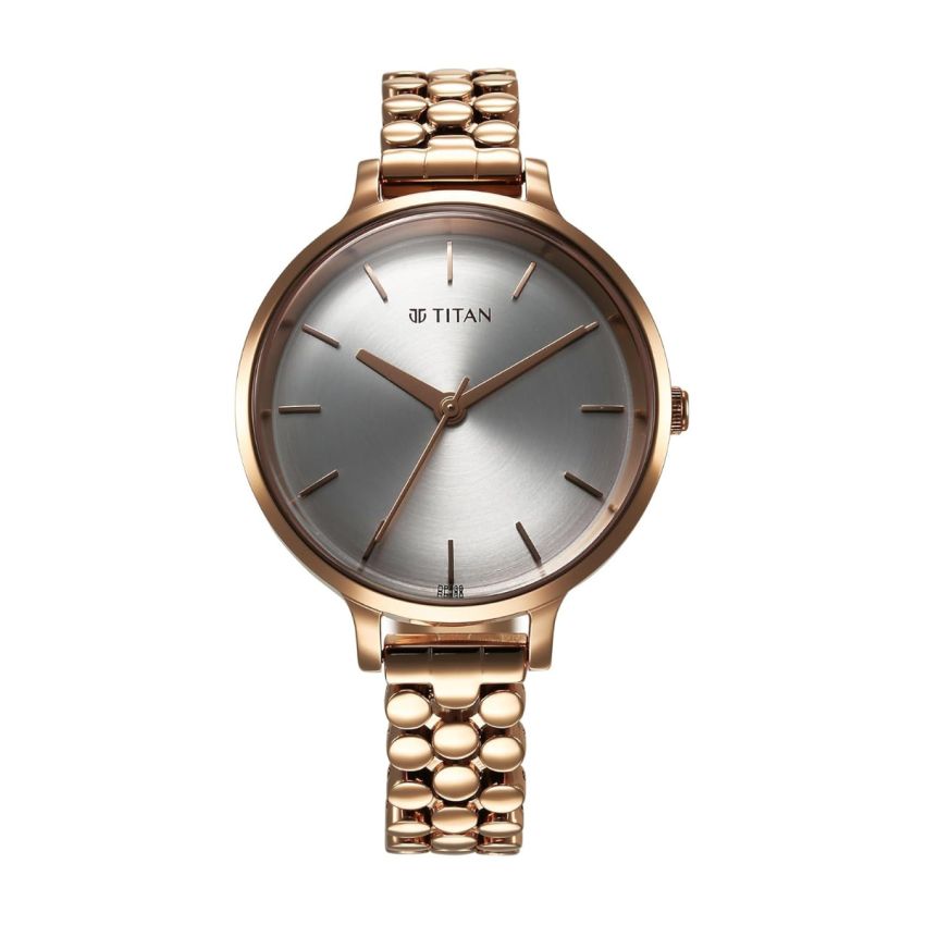 Titan Purple Secluded Quartz Analog Silver White Dial with Rose Gold Plating Brass Strap Watch for Women