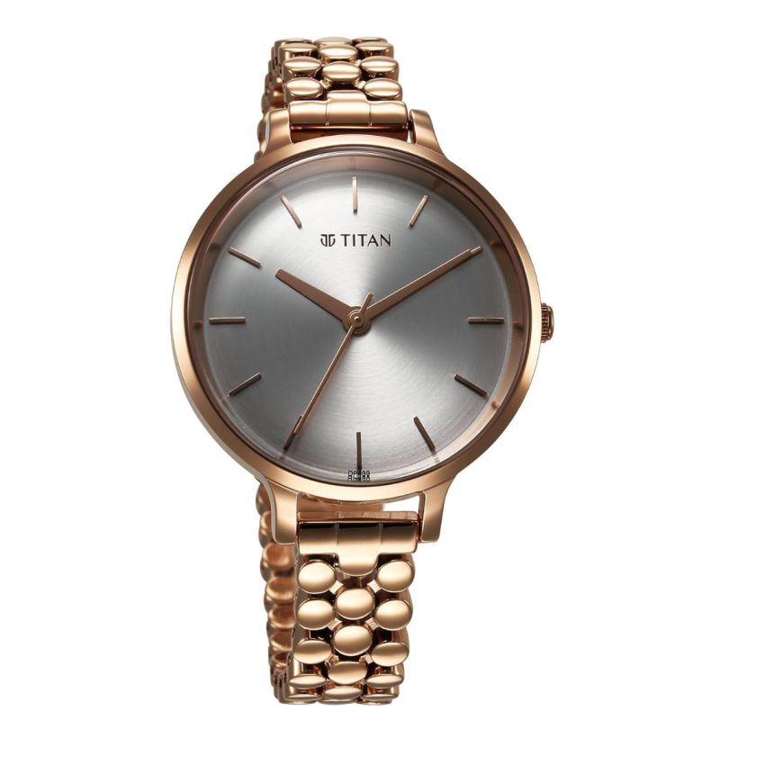 Titan Purple Secluded Quartz Analog Silver White Dial with Rose Gold Plating Brass Strap Watch for Women
