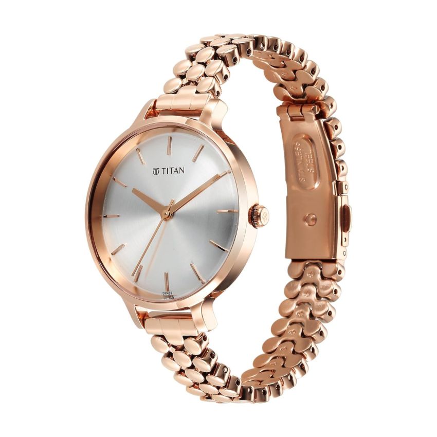 Titan Purple Secluded Quartz Analog Silver White Dial with Rose Gold Plating Brass Strap Watch for Women