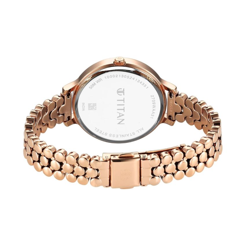 Titan Purple Secluded Quartz Analog Silver White Dial with Rose Gold Plating Brass Strap Watch for Women