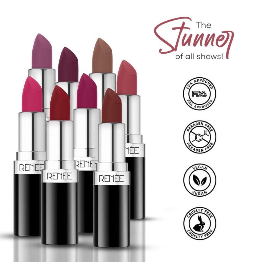 RENEE Stunner Matte Lipstick - Brave Heart 4gm| Intense Color Pay Off, Full Coverage Long Lasting Weightless Velvety Formula with One Swipe Application| Enriched with Vitamin E & Hyaluronic Acid