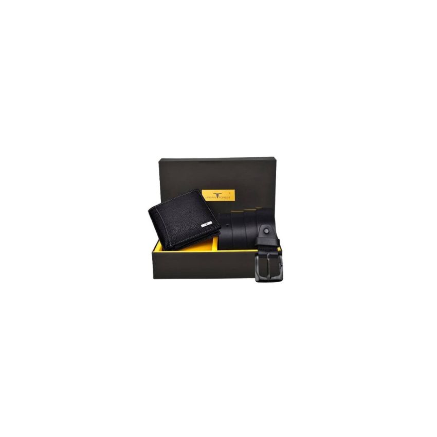 URBAN FOREST Brian Black Leather Wallet & Black Casual Belt Combo Gift Set for Men