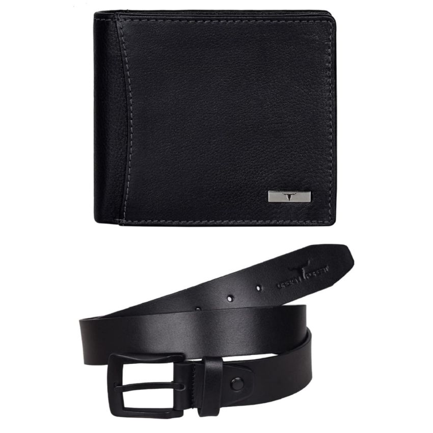 URBAN FOREST Brian Black Leather Wallet & Black Casual Belt Combo Gift Set for Men