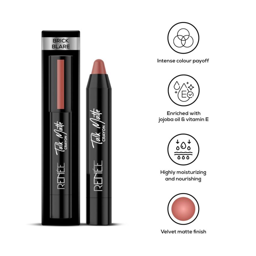 RENEE Talk Matte Crayon Lipstick - Brick Blare, 4.5g | Hydrating and Long-Lasting Matte Lip Color | Enriched with Vitamin E, Jojoba Oil & Cocoa Butter