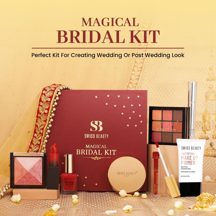 Swiss Beauty Magical Bridal Kit for Wedding | With Primer, Mascara, Sindoor, Eyeshadow Palette, HD Matte Lipstick, Silky & Smooth Powder, Baked Blusher & Highlighter, Non-Chipping Nail Paint | 77.5g